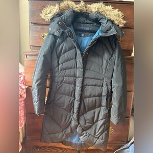 Black with blue lining Lands End down “tulip” coat xs / p